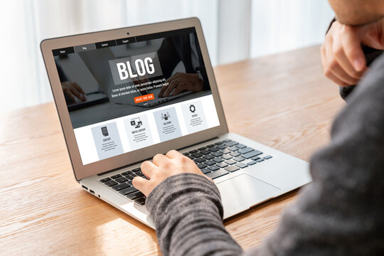 blogging concept, web blog Social Media Information network snugly. social media online content, freelance worker, working online, content creator, blogger, website, reading blog online on computer