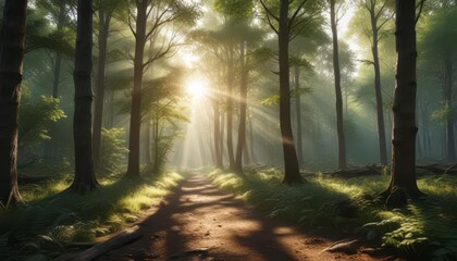 Obraz premium Panorama of serene forest with sunlight filtering through trees, forest floor, forest