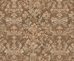 Whimsical damask pattern featuring foliage and botanical elements in muted earth tones,  damask pattern,  leaf motif