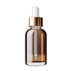 amber glass dropper bottle with gold cap on white background