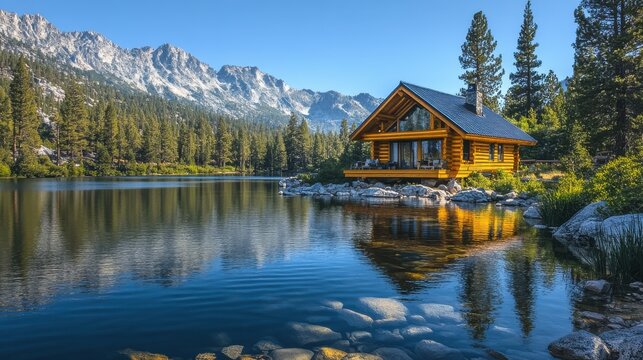 Wooden cabin reflecting on a serene mountain lake
