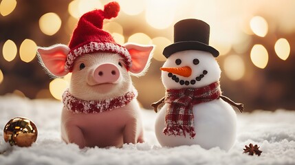 A stuffed pig in a Christmas hat sitting by snowman with a scarf and carrot nose