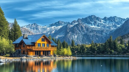 Naklejka premium Wooden house reflecting on serene mountain lake