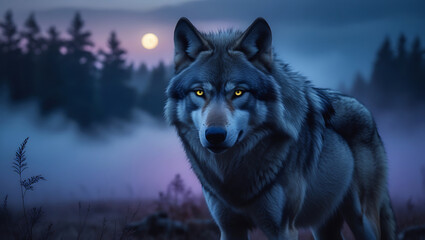 Mystic Wolf Gaze under Moonlit Sky Amidst Eerie Twilight Haze in Forest