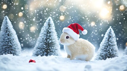 A stuffed rabbit in red and white Christmas hat hopping through a snowy landscape with festive trees