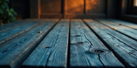 Fototapeta premium Rustic Weathered Wooden Planks Illuminated by Warm Evening Light A Textured Surface Perfect for Product Display or Background Use