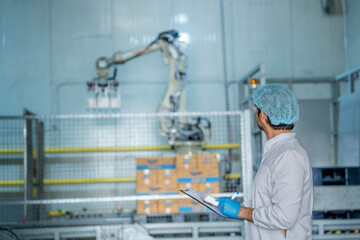 Engineer inspecting an automated robotic arm in a high-tech industrial warehouse. Focus on innovation, technology, and quality control in manufacturing processes.