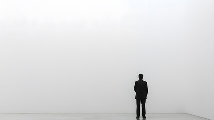 Contemplative Figure in Minimalist Space Art Gallery Photography Indoor Rear View Solitude Concept