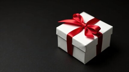 Obraz premium A pristine white gift box adorned with a vibrant red ribbon, a symbol of celebration and thoughtful giving, rests on a sleek black surface.