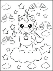 Superhero Unicorn Coloring Page for Kids. A Fun and Printable Black and White Activity Sheet for Kindergarten.
