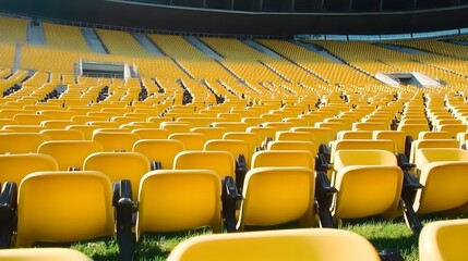 Naklejka premium Yellow tribunes. seats of tribune on sport stadium. empty outdoor arena. concept of fans. chairs for audience. cultural environment concept. color and symmetry. empty seats. modern stadium