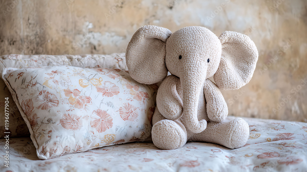 Wall mural A sweet stuffed elephant with delicate fabric ears resting on a pillow