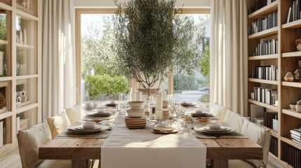 Fototapeta premium 3D illustration of a cozy dining room with natural wood furniture and a neutral color palette. --chaos 20