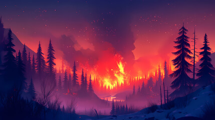 Intense wildfire blazing through forested area. Frostflare. Illustration