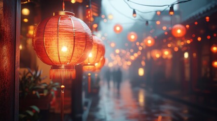 Obraz premium Rainy Asian street, lanterns, festival, fog, celebration, travel, background, bokeh, website