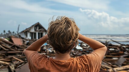 Fototapeta premium A person stands with their back to the camera, gazing at a devastated landscape filled with debris and a damaged house against a cloudy sky.