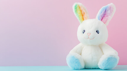 Obraz premium A white stuffed bunny with rainbow colored ears sitting on pastel background