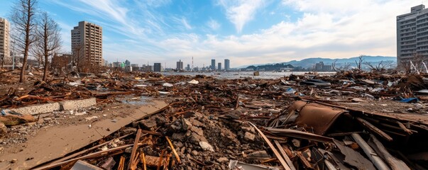 Fototapeta na wymiar A desolate urban landscape showcasing debris and destruction, with remnants of buildings against a backdrop of blue sky.