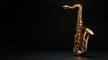 Obraz premium A Golden Saxophone Instrument on a Dark Background, Ready for a Night of Musical Performance