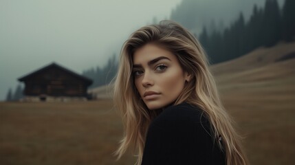 Fototapeta premium Dramatic portrait of a woman with long, wavy dark blonde hair wearing a black sweater, standing in a misty open field with a wooden cabin in the distance.
