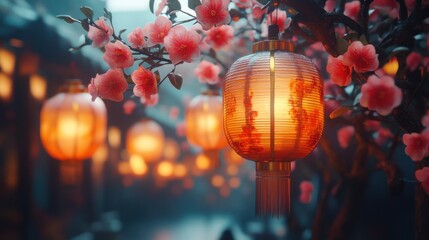 Fototapeta premium Illuminated Lanterns Blossom Street Asian Festival Night