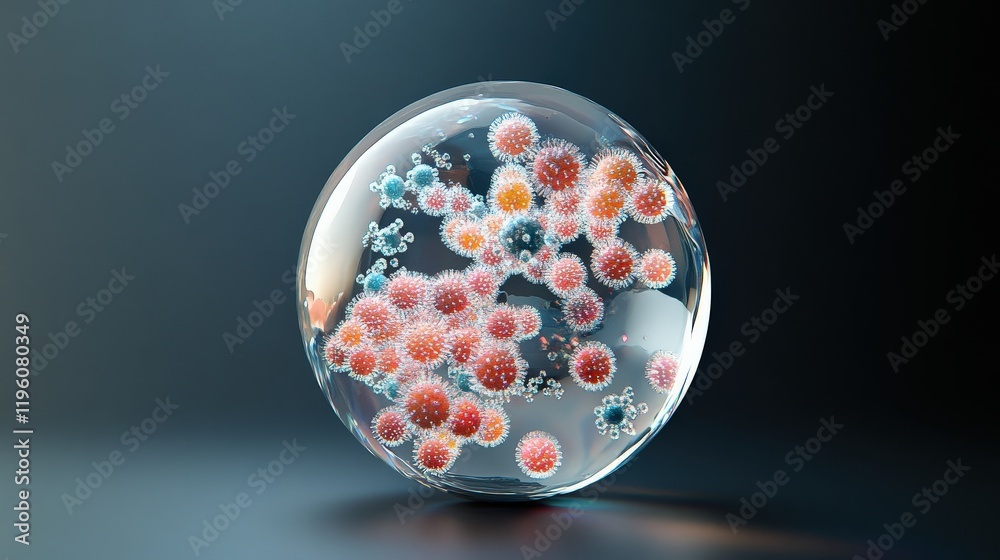 Poster detailed illustration of a transparent sphere containing colorful virus particles and microorganisms