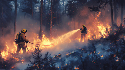 Firefighters in protective gear battling a spreading wildfire in a smoky forest, spraying water on advancing flames to contain the blaze and protect the environment. Frostflare. Illustration