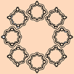 Seven different decorative frame outlines in a reddish-pink hue on a light beige background