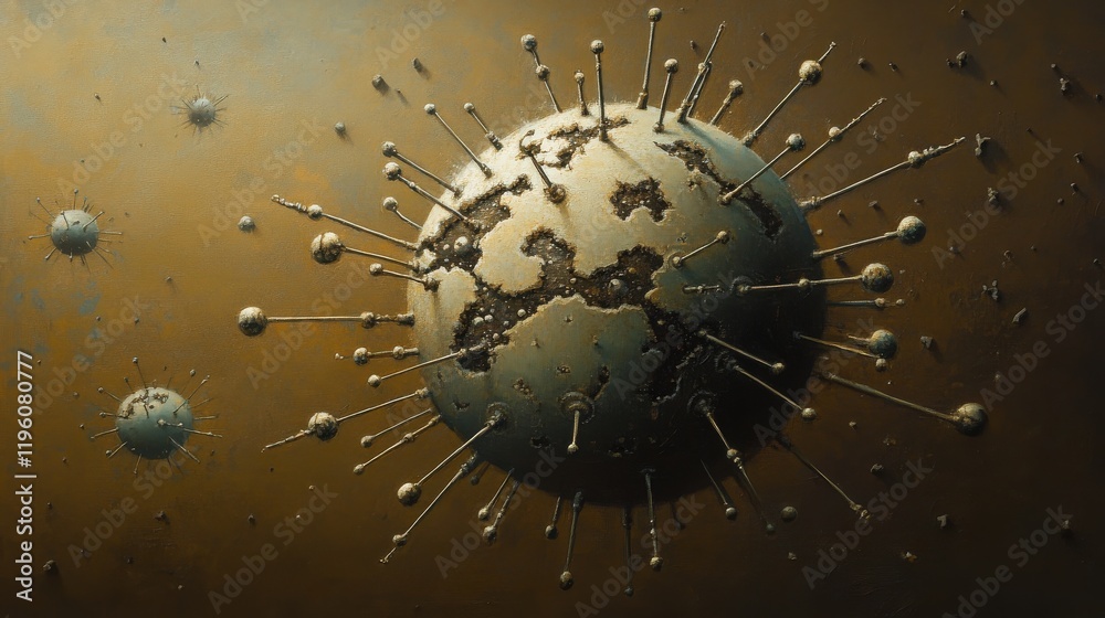 Poster Intricate Digital Representation of a Virus Surrounded by Alien-Like Particles Featured in a Dark, Futuristic Background with Textured Details and Surreal Elements