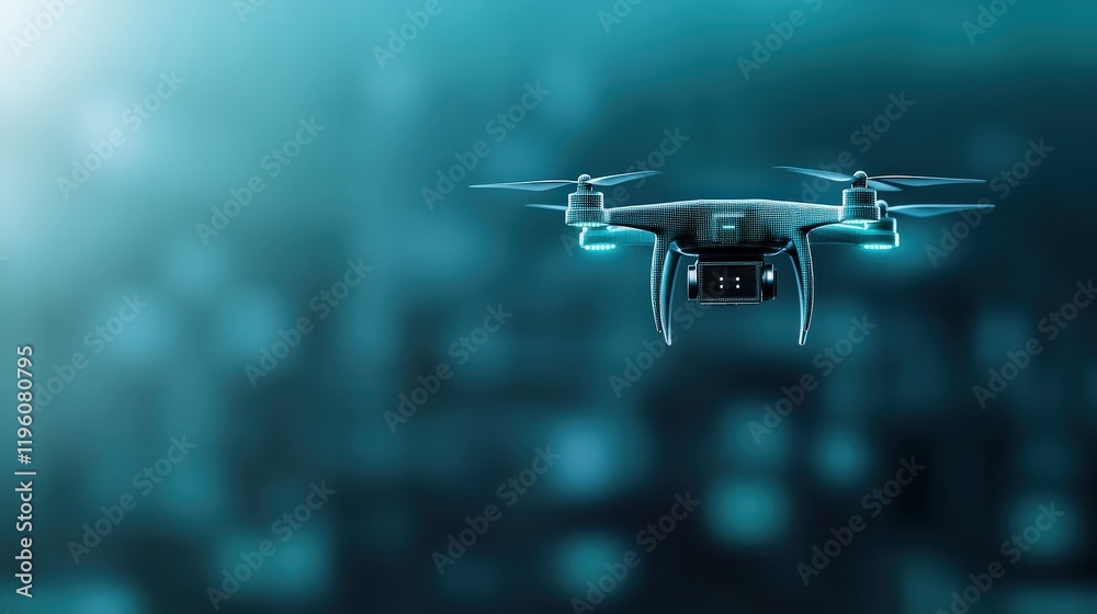 Poster futuristic drone flying in a high-tech environment with glowing elements and modern visuals, capturi