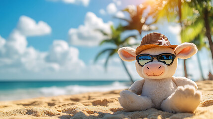 Adorable stuffed cow wearing sunglasses and a sun hat relaxing on tropical beach vibrant palm trees and waves in the background