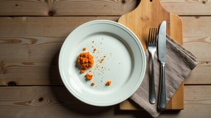 A nearly empty plate with remnants of a vibrant orange dish rests on a rustic wooden table, accompanied by a knife and fork on a linen napkin