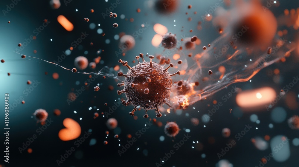 Poster Intricate Visualization of a Virus Particle in a Dynamic Environment with Colorful Background Elements Representing Molecular Activity and Scientific Exploration