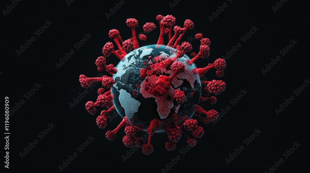 Poster global pandemic concept represented by a 3d model of earth surrounded by red virus particles in a da