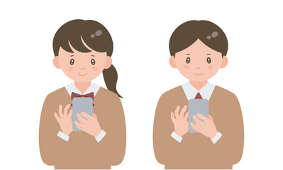 スマホを使う中高生の男女（笑顔）