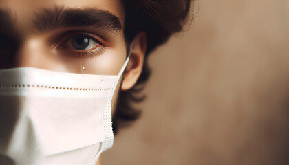 Close-Up of Sad Young Man Wearing Face Mask with Tear