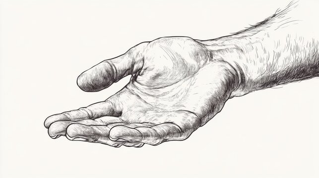 Detailed pen-and-ink drawing of an outstretched hand.