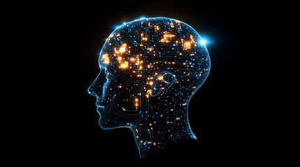 Obraz premium Digital head with glowing circuits symbolizing artificial intelligence and advanced technology in a futuristic brain illustration