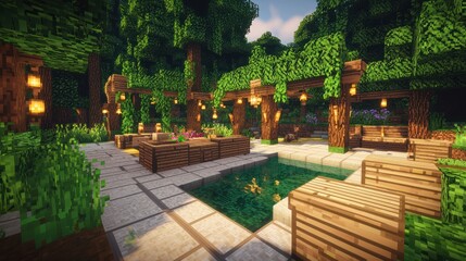 Fototapeta premium A serene garden space with seating and a tranquil pool.