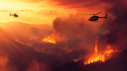 Helicopters combatting wildfire flames during sunset, aerial view. Frostflare. Illustration