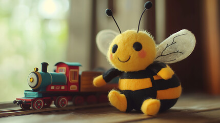 Bee plush sitting on toy train nostalgic and whimsical