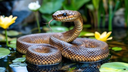 Fototapeta premium Serene Snake in a Lush Garden Pond