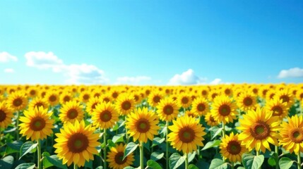 Fototapeta premium Vibrant Yellow Sunflowers Blooming in a Sunny Field Under a Clear Blue Sky