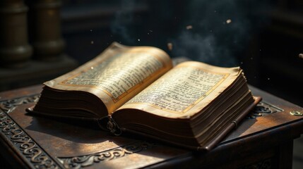 Obraz premium Ancient Book Resting on Ornate Wooden Tabletop, Illuminated by Soft Light, Dust Motes Dancing in Air