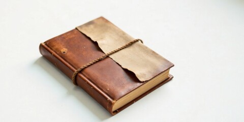 A Rustic Leather-Bound Journal with a Tied Tan Paper Cover Resting on a Plain White Surface