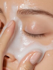 Extreme close-up of a woman's face with foamy facial cleanser, highlighting smooth skin and hydration.