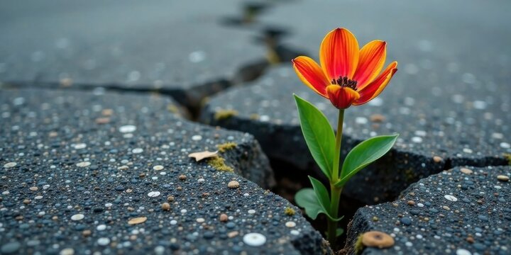 A resilient bloom emerges from fractured pavement, a symbol of perseverance and the tenacity of life's unexpected growth.