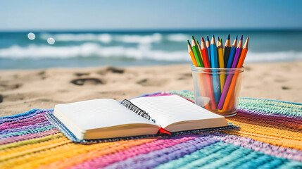 Colored pencils resting beside journal on beach mat sunlit waves in view