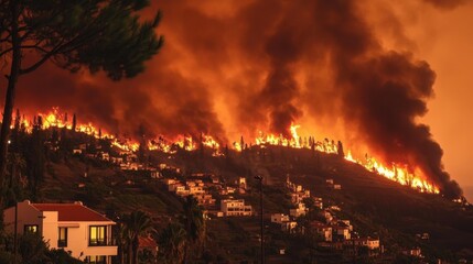 Devastating wildfire burning near residential area on mountainside