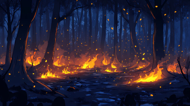 Charred forest floor with glowing embers and ash in a sooty environment. Frostflare. Illustration